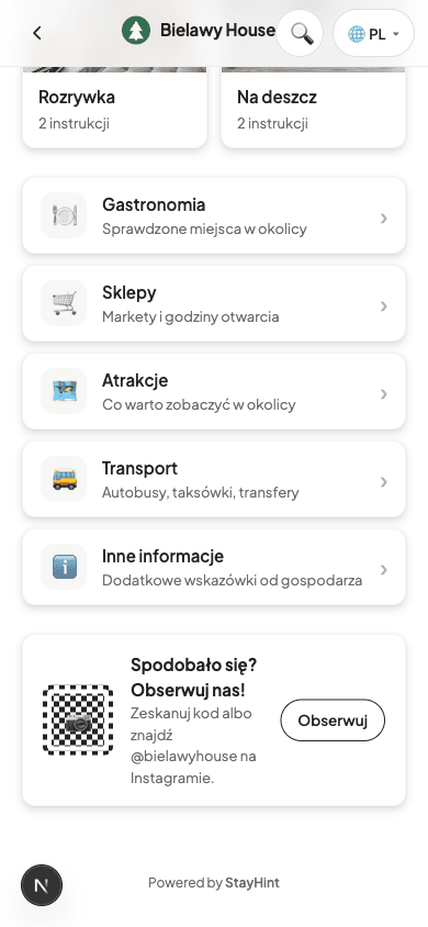 Ekran główny przewodnika: kategorie Gastronomia, Sklepy, Atrakcje i Transport oraz kod QR do profilu na Instagramie