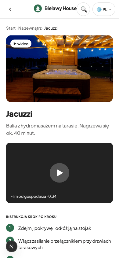 Instrukcja jacuzzi w przewodniku: zdjęcie balii na tarasie, film od gospodarza o długości 0:34 i ponumerowane kroki obsługi