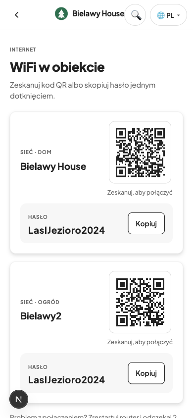 Ekran WiFi w przewodniku: dwie sieci (Dom i Ogród), każda z kodem QR do połączenia oraz hasłem z przyciskiem Kopiuj